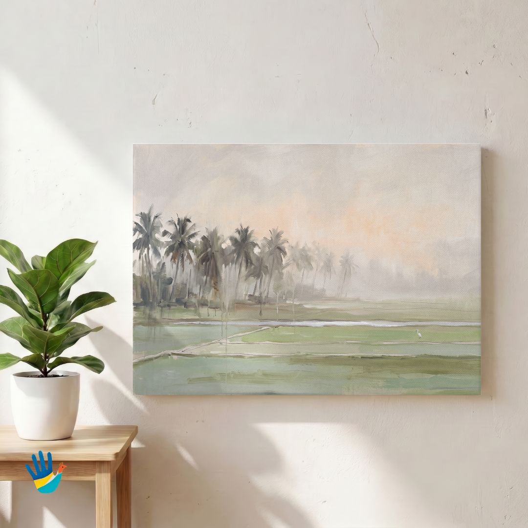 Paddy in Mist | Kerala Landscape Wall Art 3 : 2 Horizontal Premium Wall Art Canvas by MeriDeewar