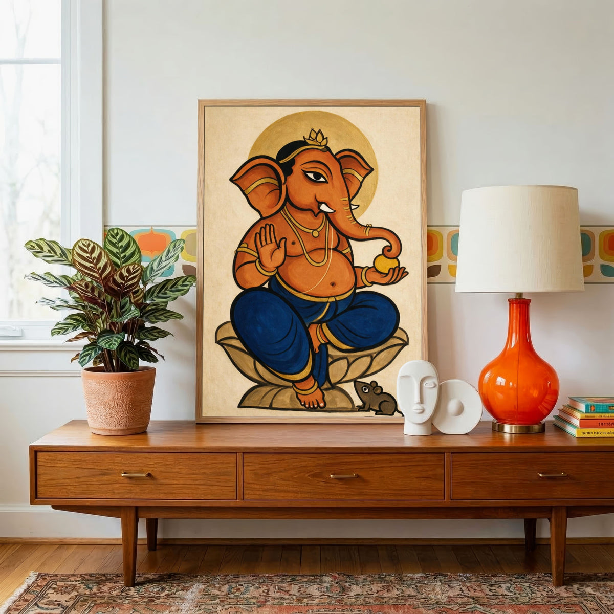 Padmasana Ganesha | Traditional Indian Folk Style Seated Ganapati Wall Art 3 : 4 Vertical Premium Wall Art Canvas by MeriDeewar