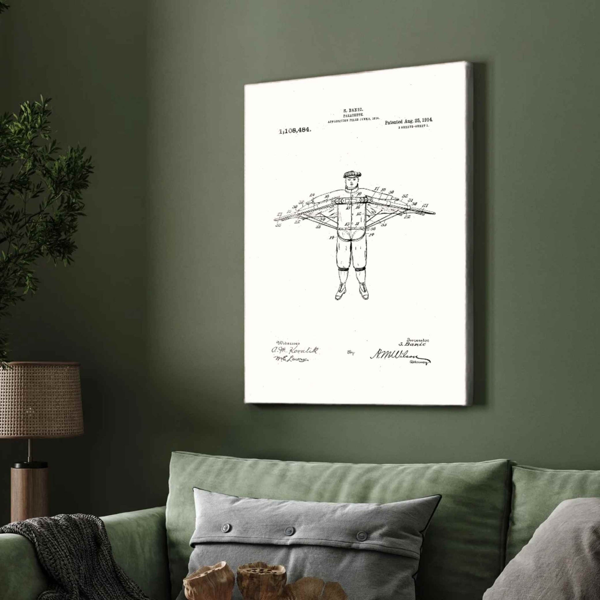Parachute & Man Vintage 1914 Patent Print | Vertical Framed Wall Art 2 : 3 Vertical Premium Wall Art Canvas by MeriDeewar