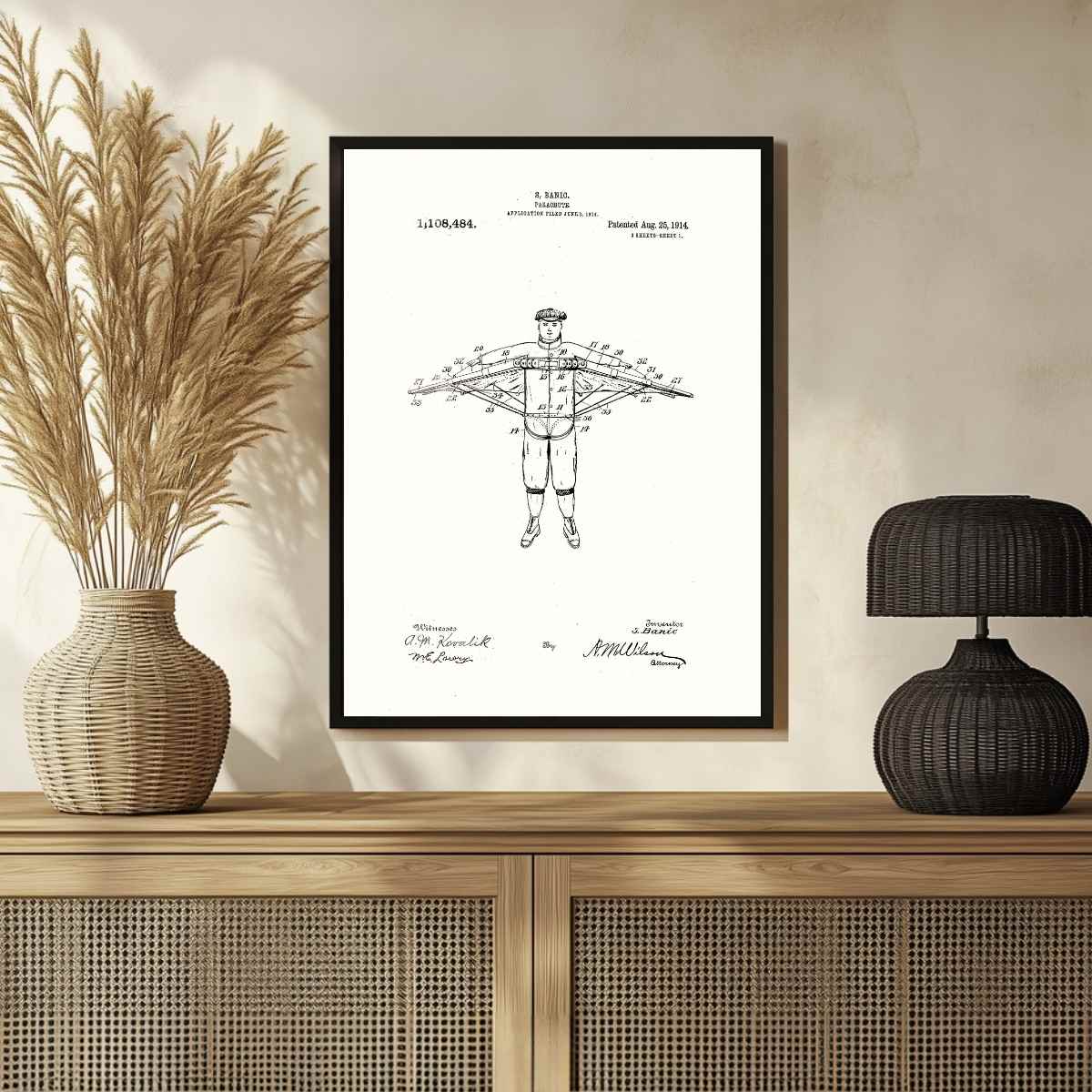 Parachute & Man Vintage 1914 Patent Print | Vertical Framed Wall Art 2 : 3 Vertical Premium Wall Art Canvas by MeriDeewar