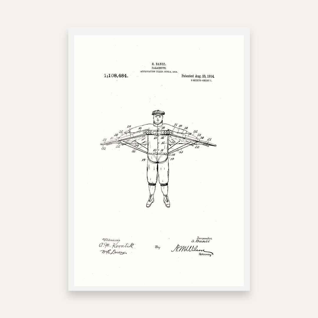 Parachute & Man Vintage 1914 Patent Print | Vertical Framed Wall Art 2 : 3 Vertical Premium Wall Art Canvas by MeriDeewar