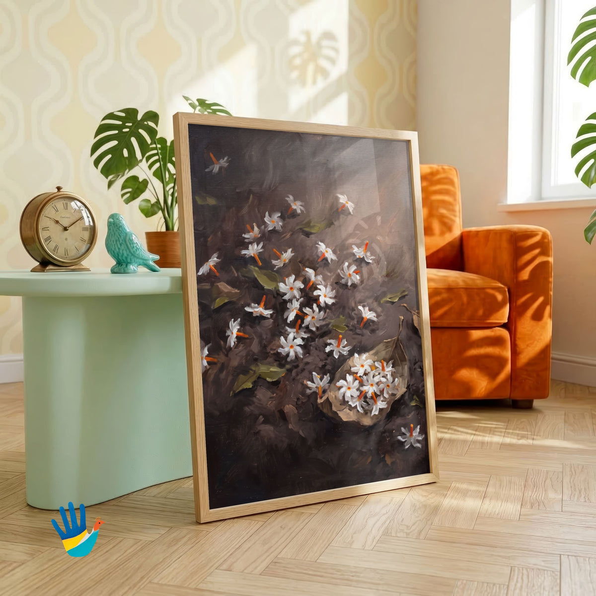 Parijat at Dawn | Night Jasmine Floral Wall Art 3 : 4 Vertical Premium Wall Art Canvas by MeriDeewar