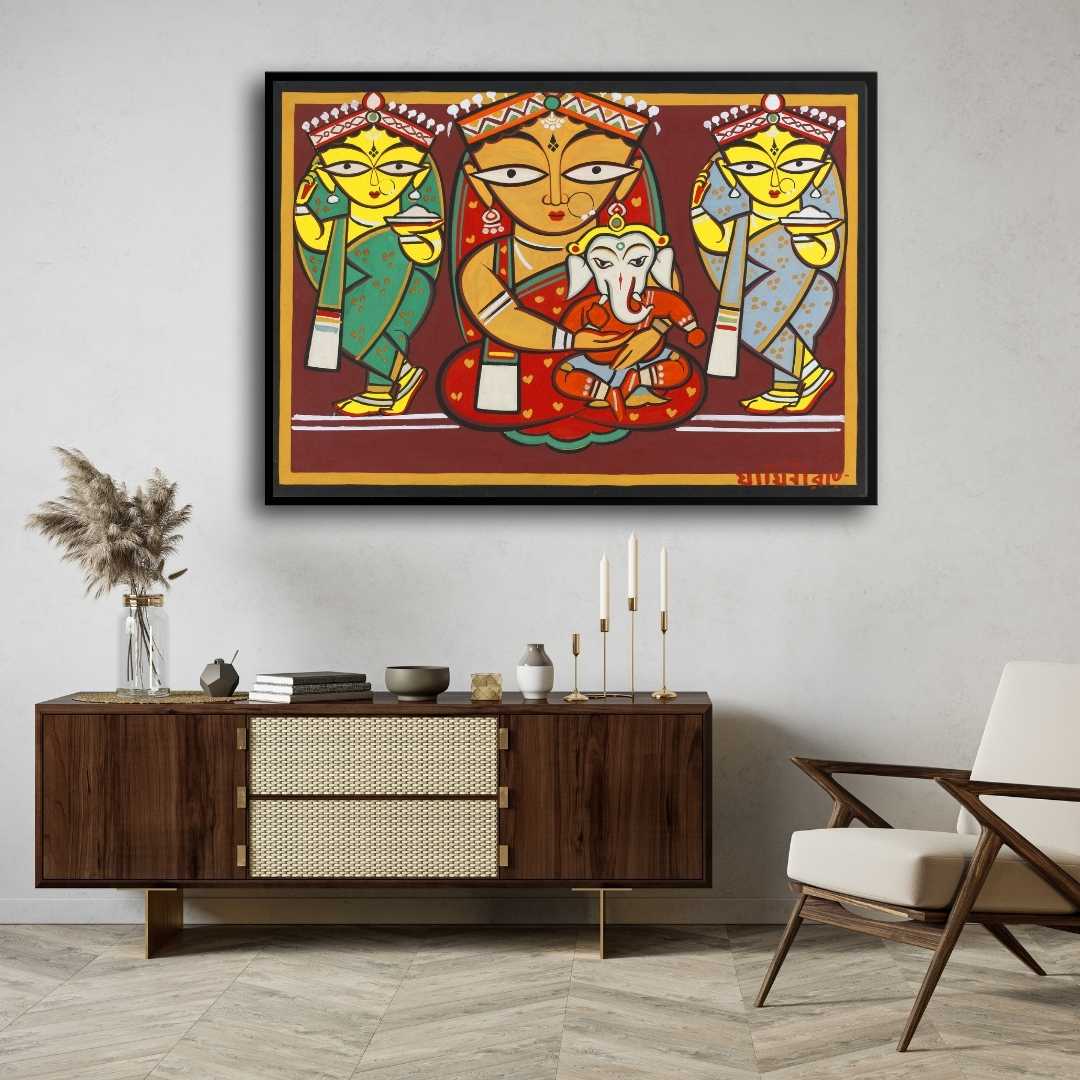 Parvati & Ganesha Painting – Jamini Roy Folk Art Style | Spiritual Wall Art for Home 3 : 2 Horizontal Premium Wall Art Canvas by MeriDeewar