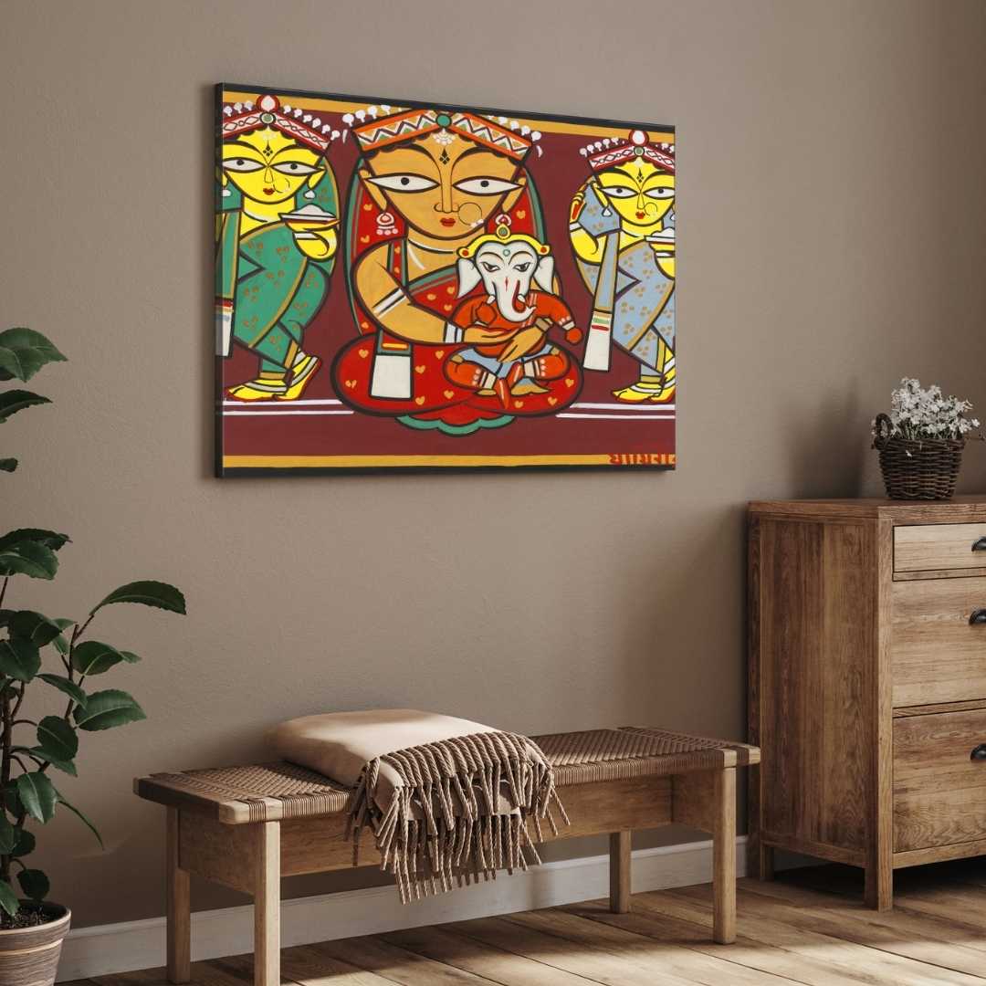 Parvati & Ganesha Painting – Jamini Roy Folk Art Style | Spiritual Wall Art for Home 3 : 2 Horizontal Premium Wall Art Canvas by MeriDeewar