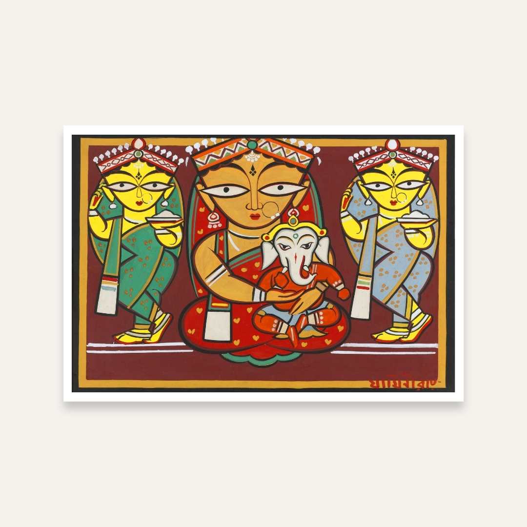 Parvati & Ganesha Painting – Jamini Roy Folk Art Style | Spiritual Wall Art for Home 3 : 2 Horizontal Premium Wall Art Canvas by MeriDeewar