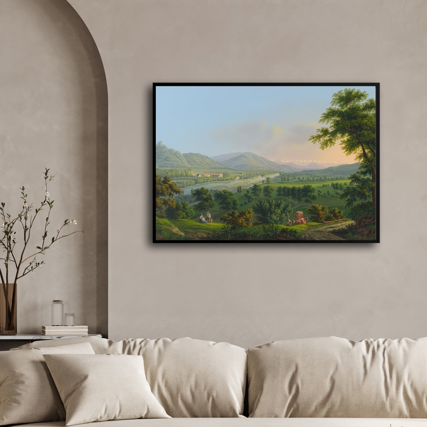 Pastoral River Valley – Serene Countryside Wall Art 2 : 3 Horizontal Premium Wall Art Canvas by MeriDeewar