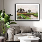 Pastoral Stillness – Vintage Countryside Canal Landscape 2 : 3 Horizontal Premium Wall Art Canvas by MeriDeewar