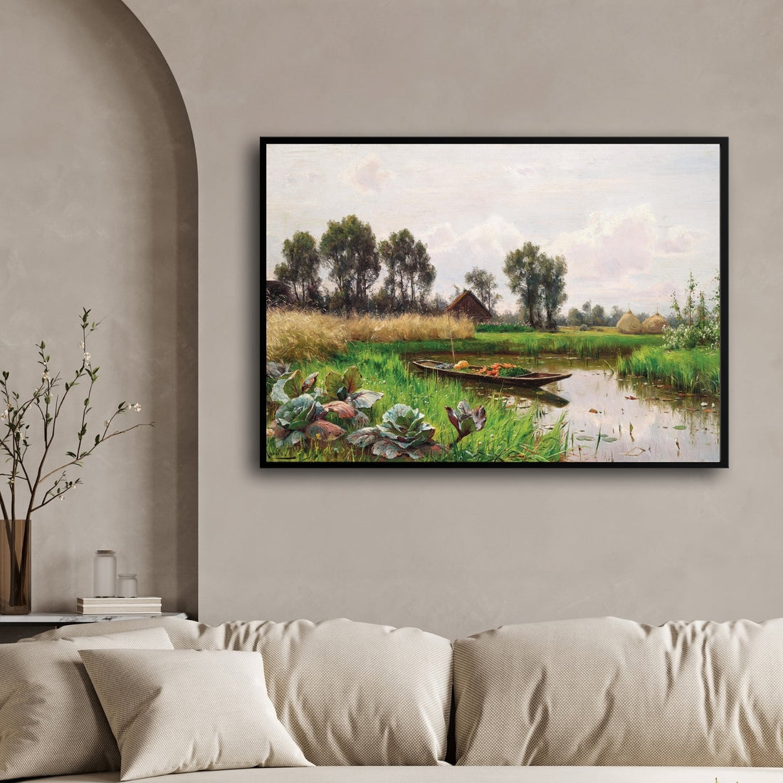 Pastoral Stillness – Vintage Countryside Canal Landscape 2 : 3 Horizontal Premium Wall Art Canvas by MeriDeewar
