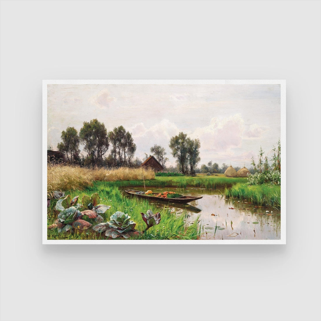 Pastoral Stillness – Vintage Countryside Canal Landscape 2 : 3 Horizontal Premium Wall Art Canvas by MeriDeewar