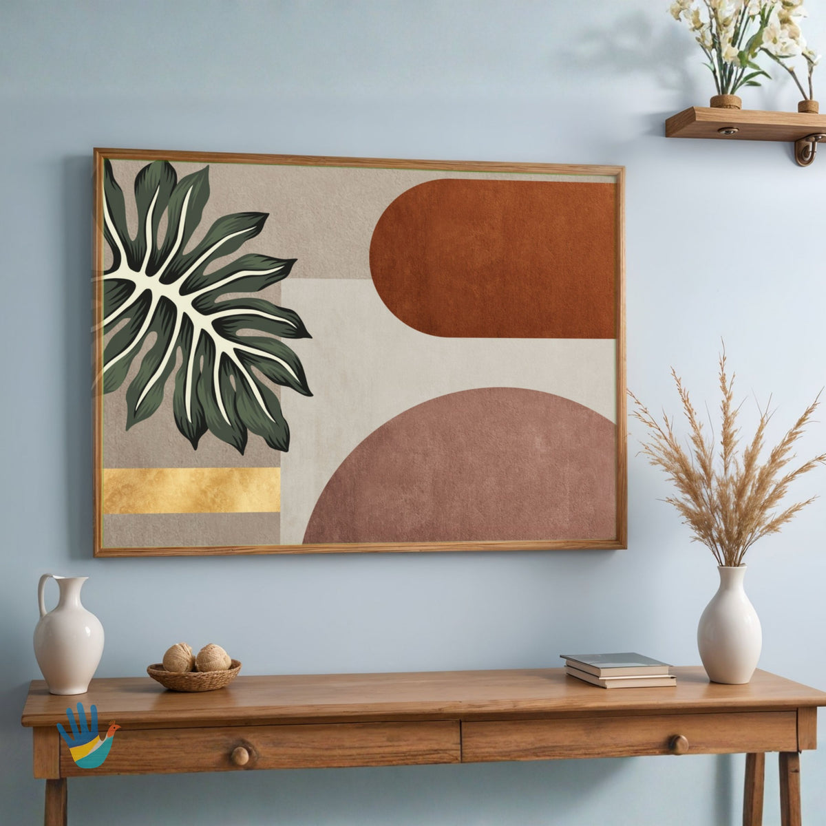 Patra & Arch | Botanical Leaf & Terracotta Geometric Horizontal Wall Art 4 : 3 Horizontal Premium Wall Art Canvas by MeriDeewar