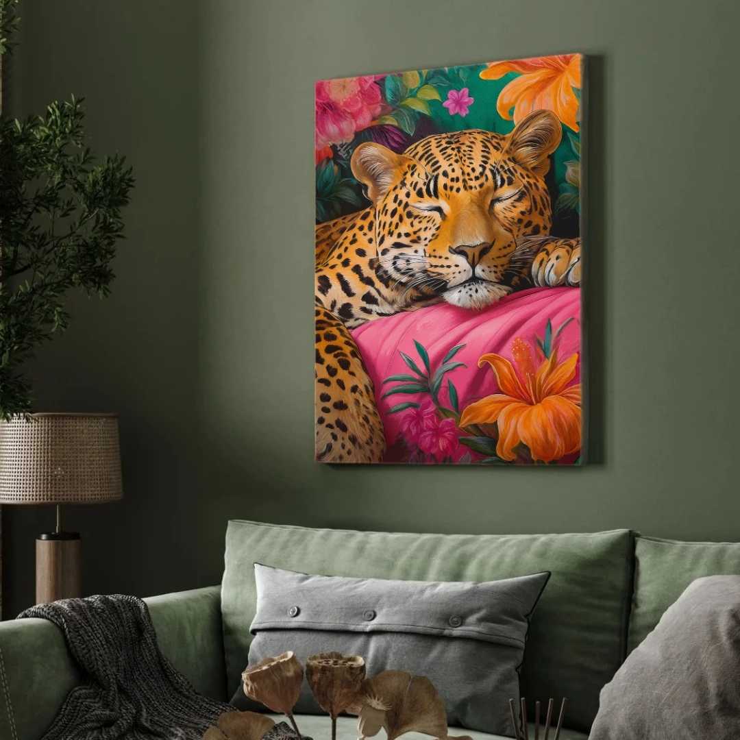 Peaceful Sleeping Leopard Tropical Floral Pop Art | Framed Print 2 : 3 Vertical Premium Wall Art Canvas by MeriDeewar