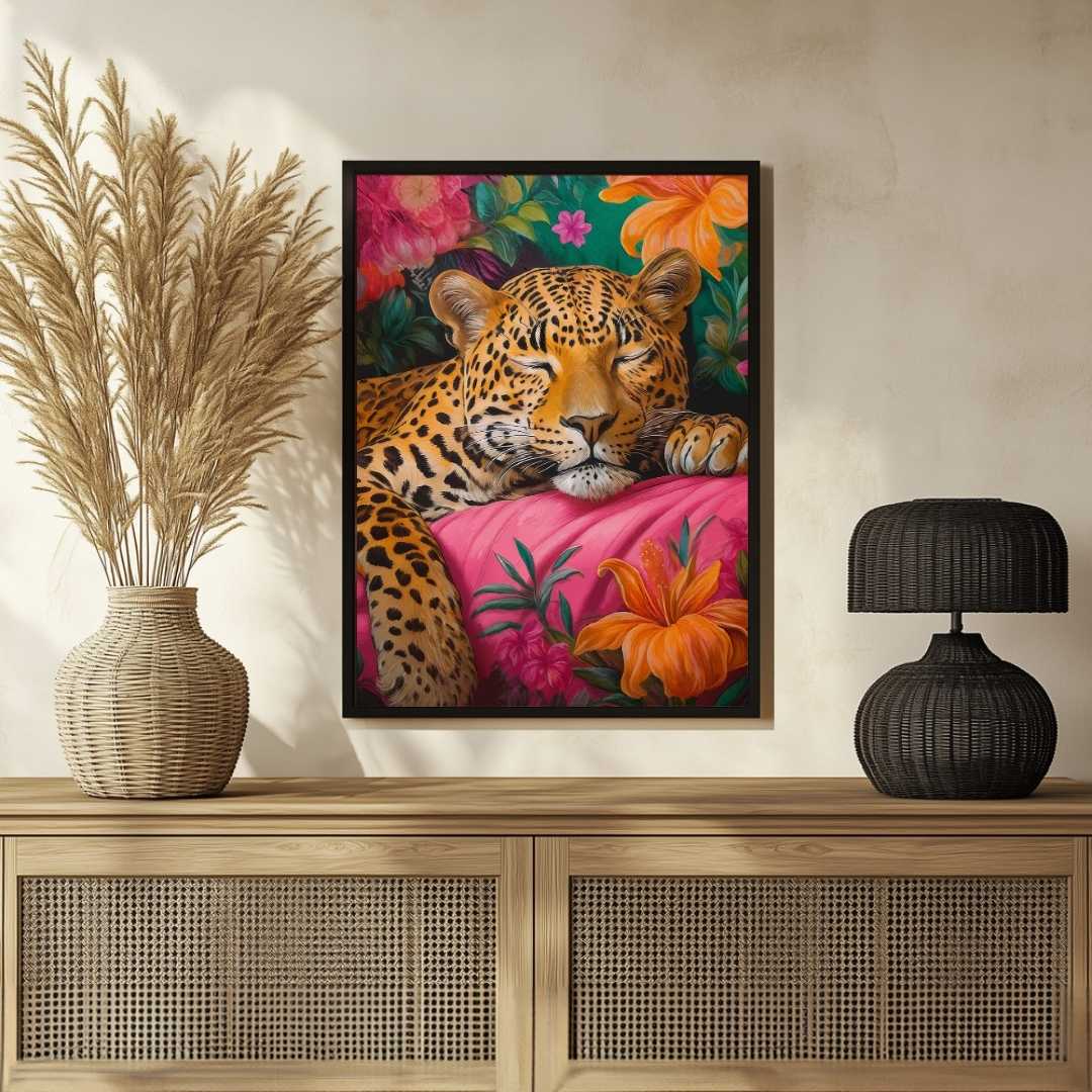 Peaceful Sleeping Leopard Tropical Floral Pop Art | Framed Print 2 : 3 Vertical Premium Wall Art Canvas by MeriDeewar