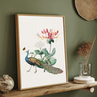 Peacock & Honeysuckle — Botanical Peacock Canvas Print 2 : 3 Vertical Premium Wall Art Canvas by MeriDeewar