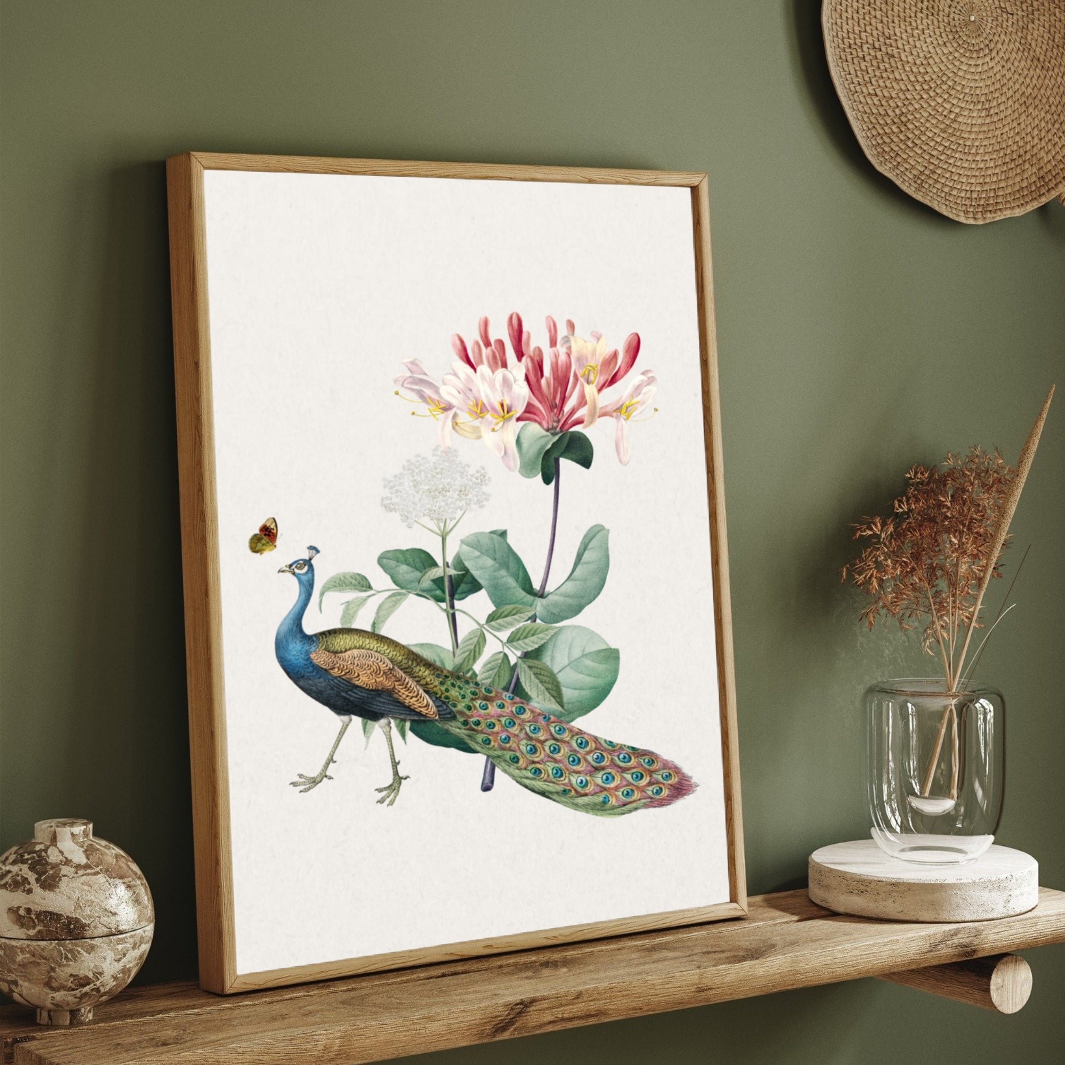 Peacock & Honeysuckle — Botanical Peacock Canvas Print 2 : 3 Vertical Premium Wall Art Canvas by MeriDeewar