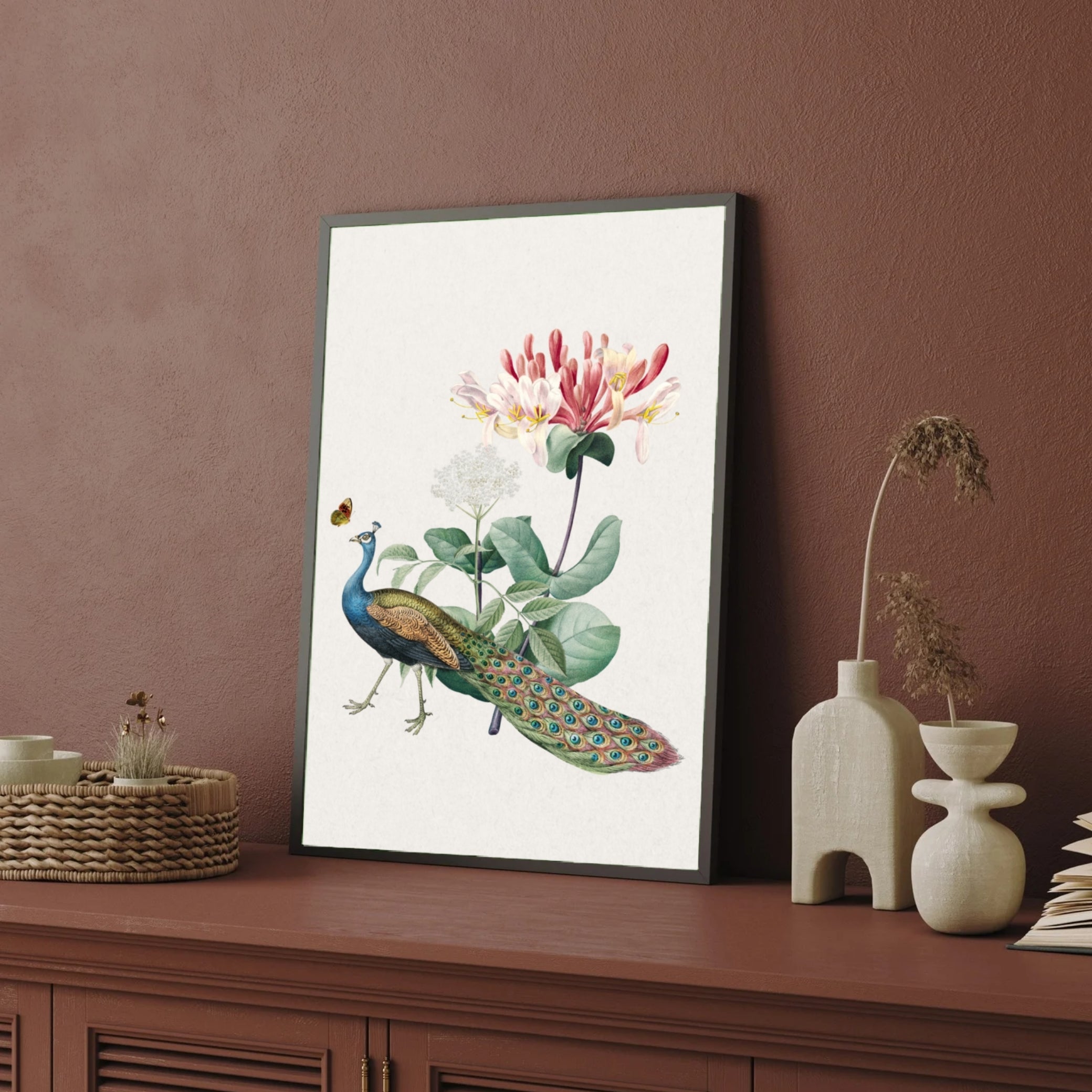 Peacock & Honeysuckle — Botanical Peacock Canvas Print 2 : 3 Vertical Premium Wall Art Canvas by MeriDeewar