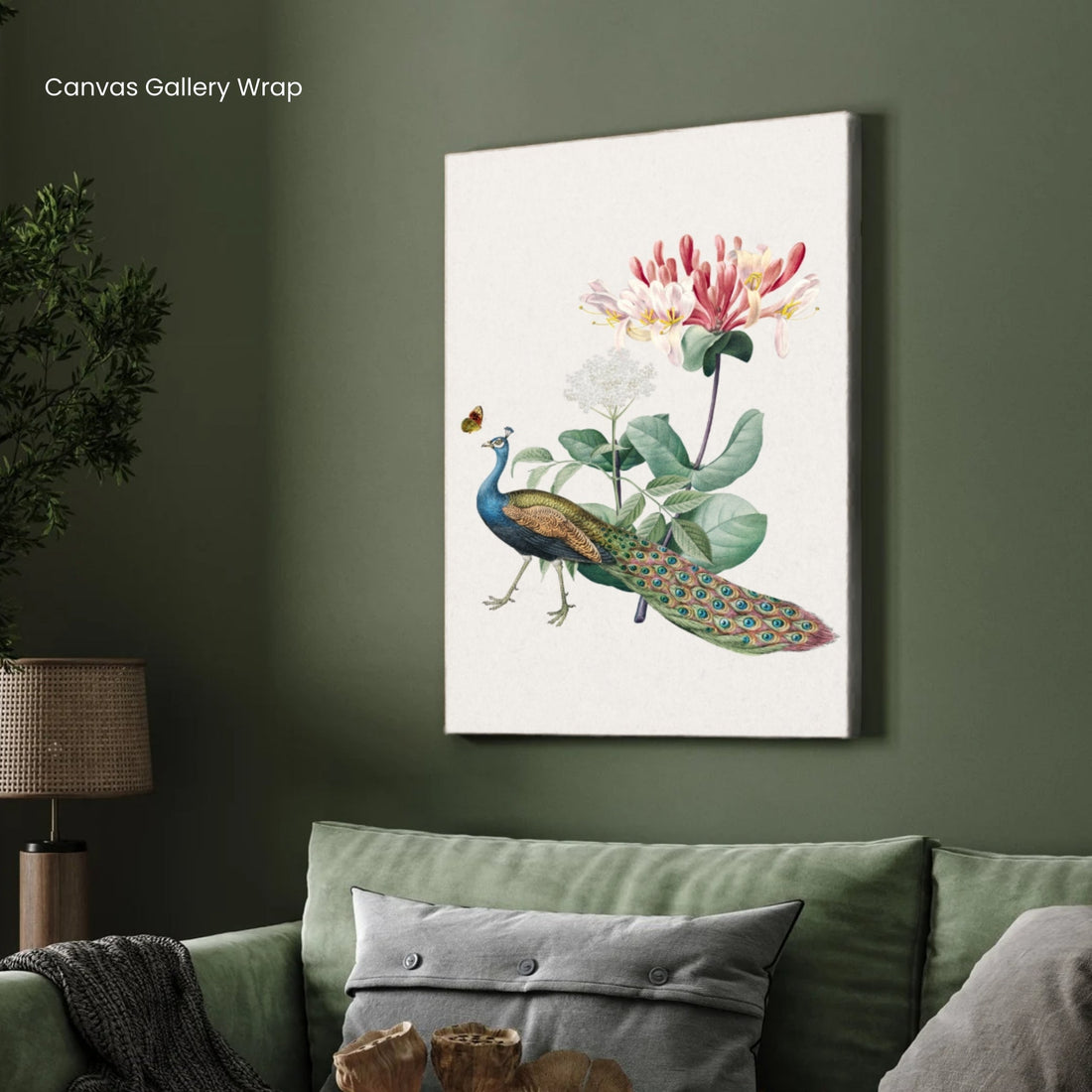 Peacock & Honeysuckle — Botanical Peacock Canvas Print 2 : 3 Vertical Premium Wall Art Canvas by MeriDeewar