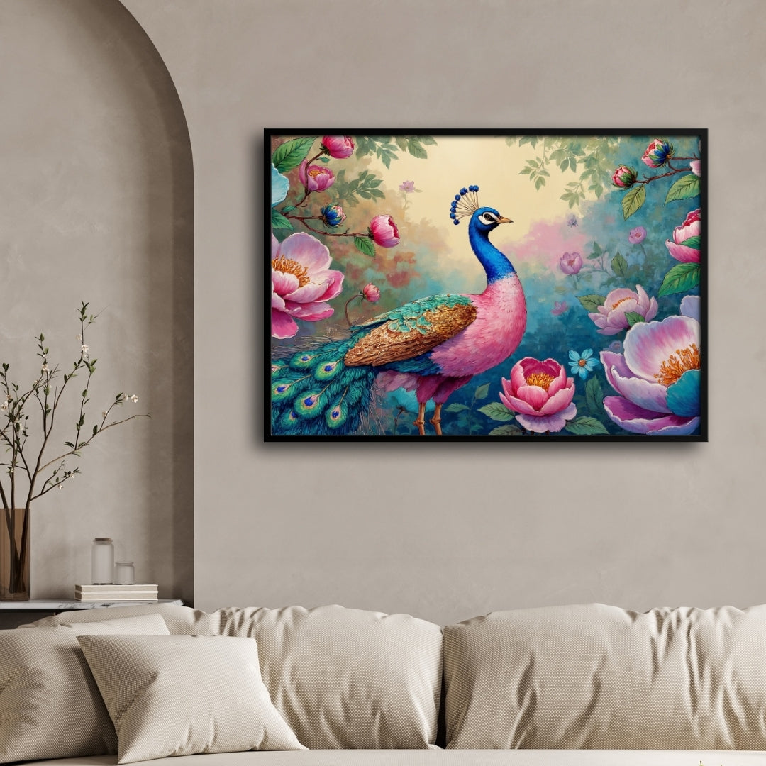 Peacock in Bloom – Elegant Floral Wall Art Canvas 2 : 3 Horizontal Premium Wall Art Canvas by MeriDeewar