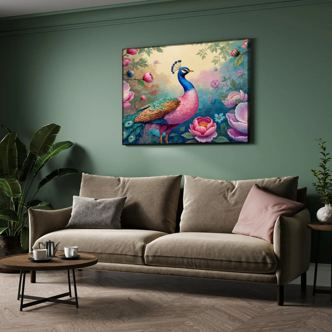 Peacock in Bloom – Elegant Floral Wall Art Canvas 2 : 3 Horizontal Premium Wall Art Canvas by MeriDeewar