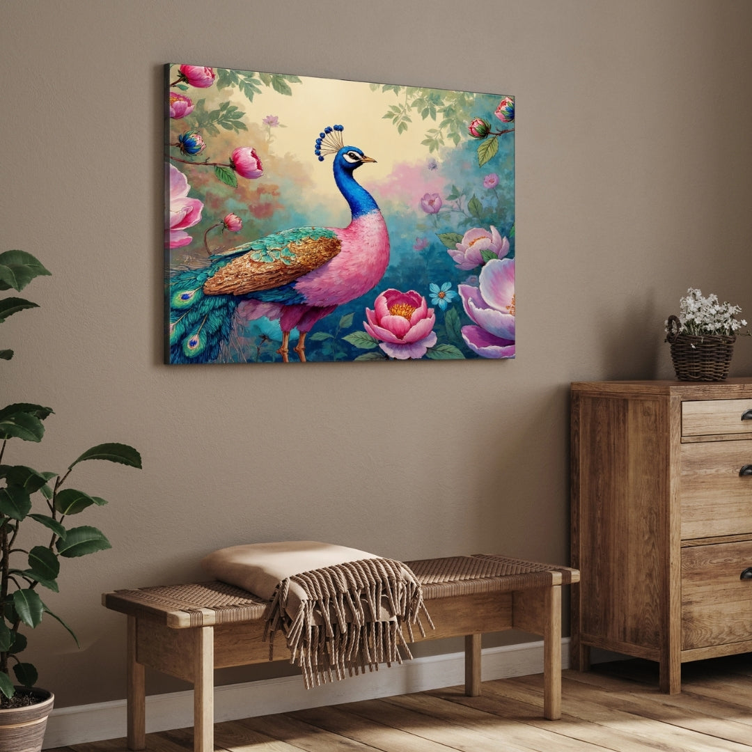 Peacock in Bloom – Elegant Floral Wall Art Canvas 2 : 3 Horizontal Premium Wall Art Canvas by MeriDeewar