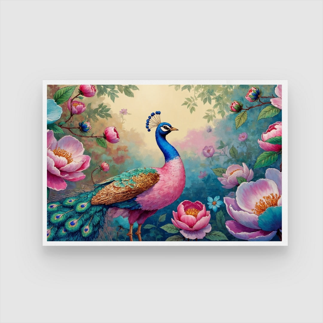 Peacock in Bloom – Elegant Floral Wall Art Canvas 2 : 3 Horizontal Premium Wall Art Canvas by MeriDeewar
