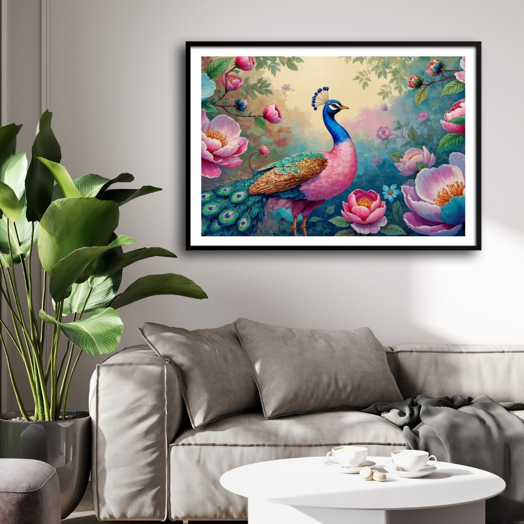 Peacock in Bloom – Elegant Floral Wall Art Canvas 2 : 3 Horizontal Premium Wall Art Canvas by MeriDeewar