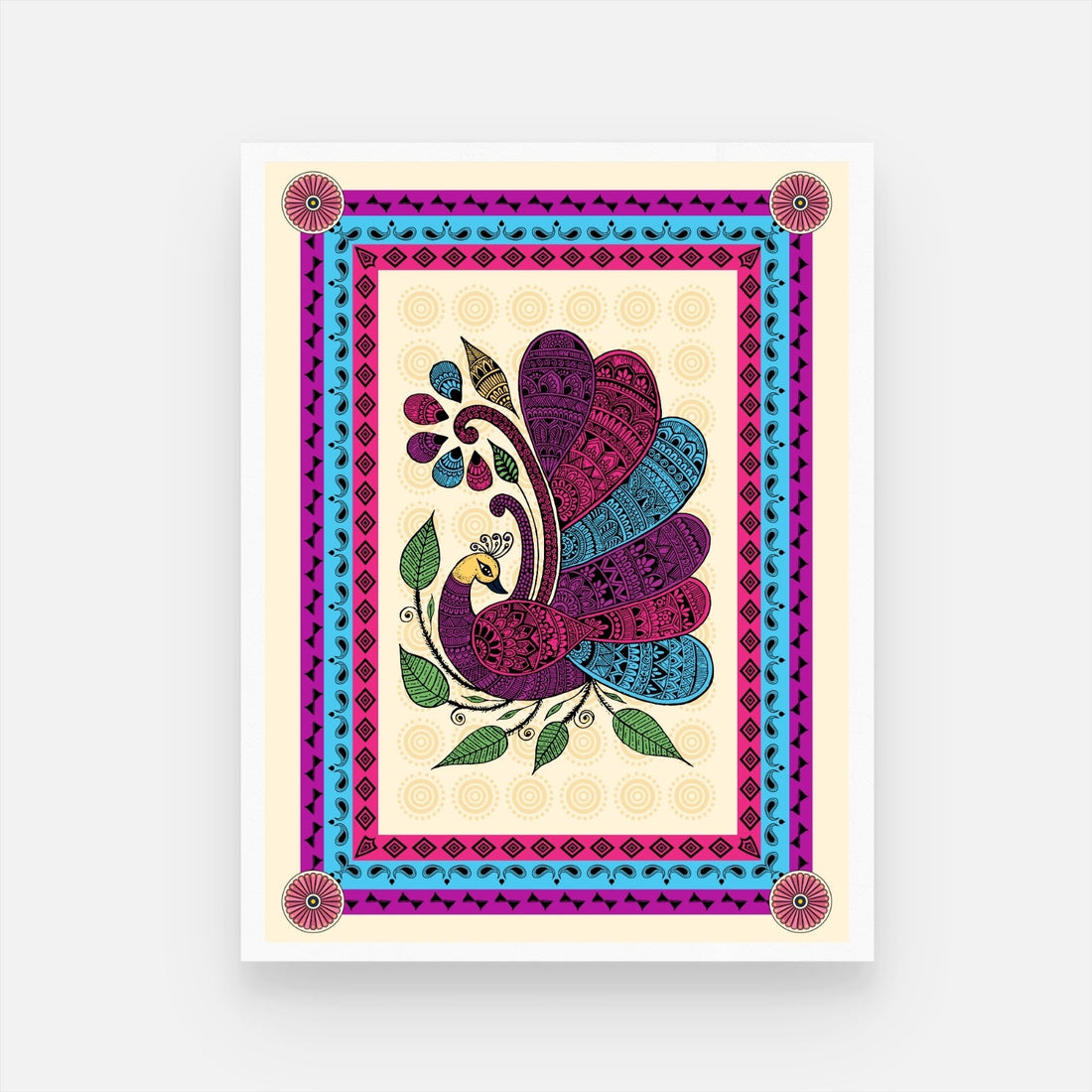 Peacock in Bloom Madhubani Painting – Vibrant Wall Art 3 : 4 Vertical New Premium Wall Art Canvas by MeriDeewar