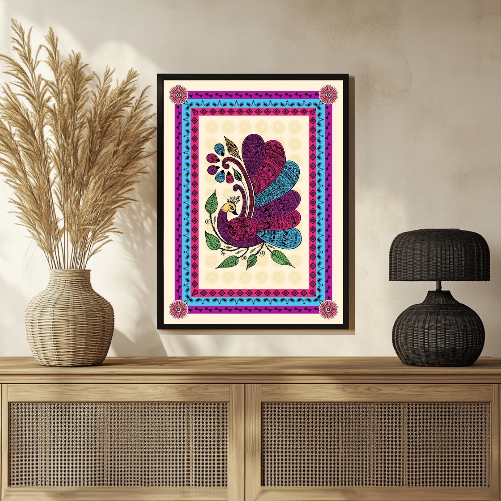Peacock in Bloom Madhubani Painting – Vibrant Wall Art 3 : 4 Vertical New Premium Wall Art Canvas by MeriDeewar