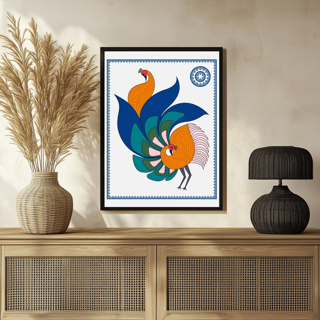 Peacock Serenity: Modern Madhubani Art 3 : 4 Vertical New Premium Wall Art Canvas by MeriDeewar