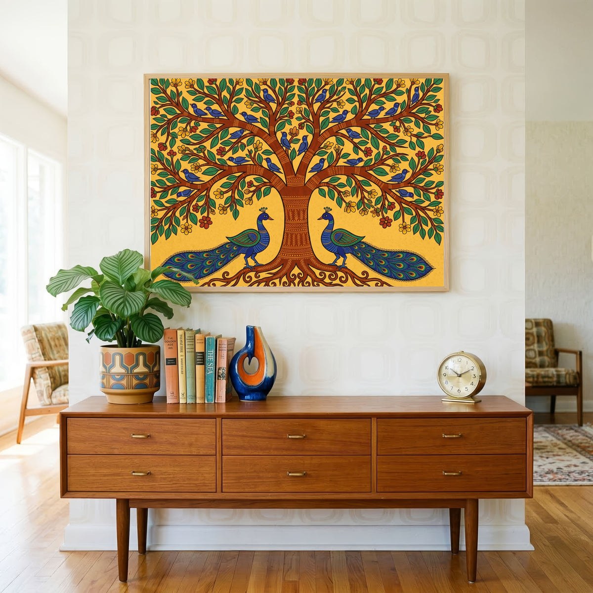 "Peacocks Under the Tree of Life" Gond Art Giclée Print | Indian Wall Art Print 4 : 3 Horizontal Premium Wall Art Canvas by MeriDeewar