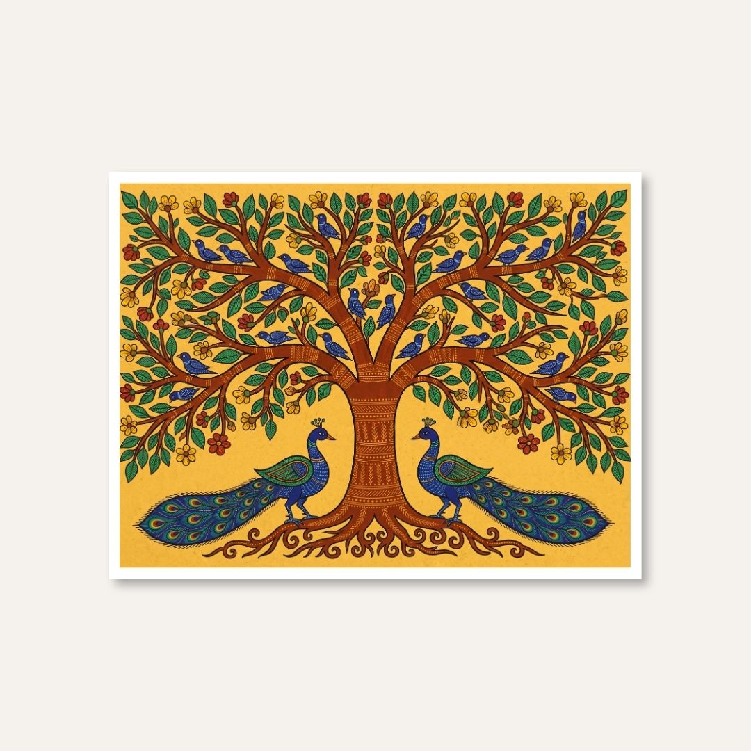"Peacocks Under the Tree of Life" Gond Art Giclée Print | Indian Wall Art Print 4 : 3 Horizontal Premium Wall Art Canvas by MeriDeewar