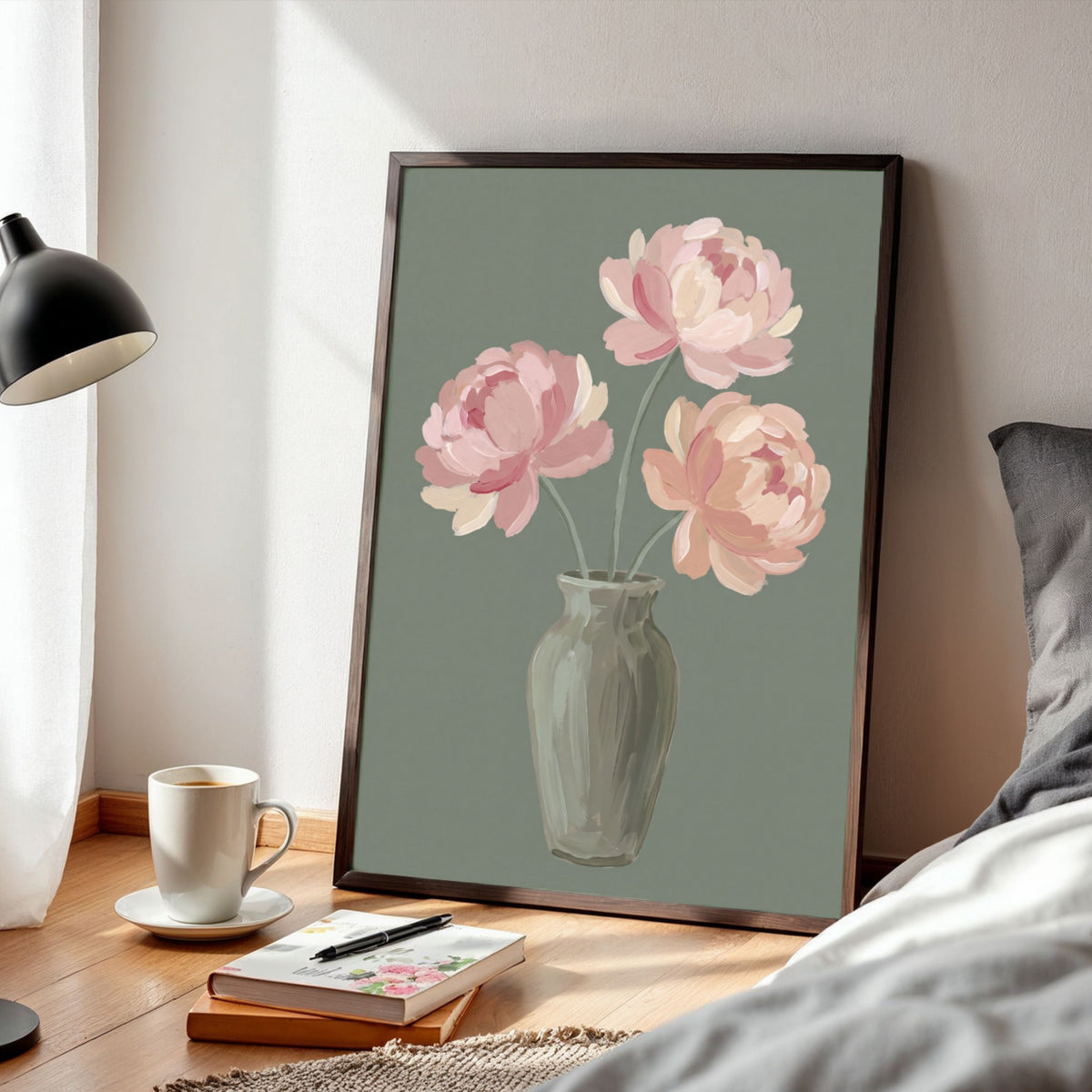 Peonies in Sage | Modern Minimalist Peony Still Life Wall Art 3 : 4 Vertical Premium Wall Art Canvas by MeriDeewar