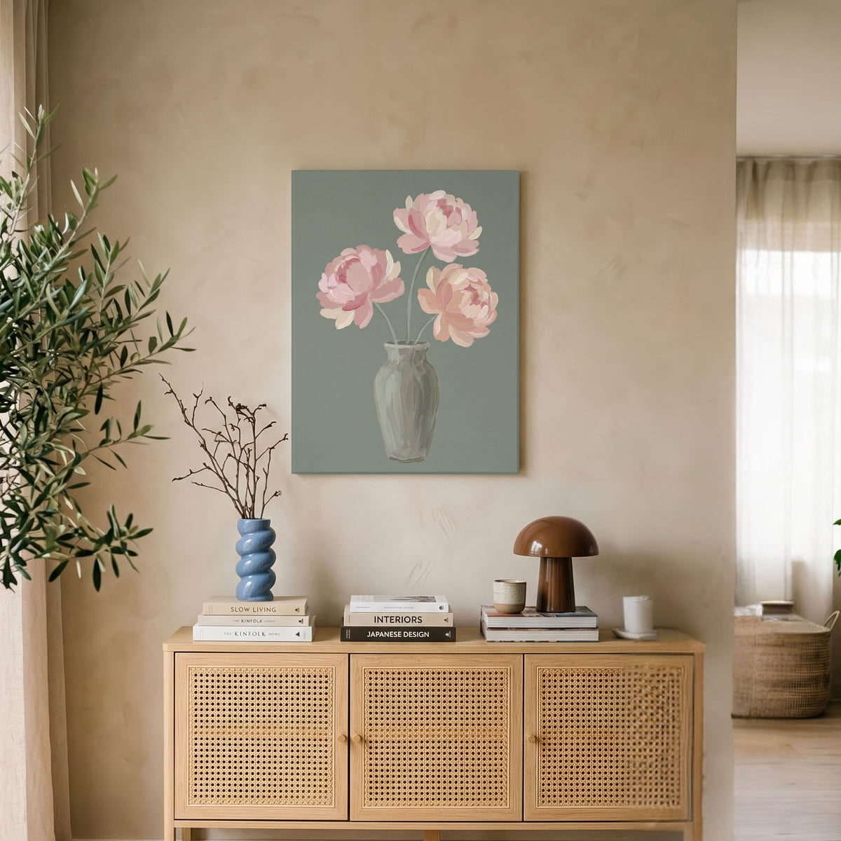 Peonies in Sage | Modern Minimalist Peony Still Life Wall Art 3 : 4 Vertical Premium Wall Art Canvas by MeriDeewar