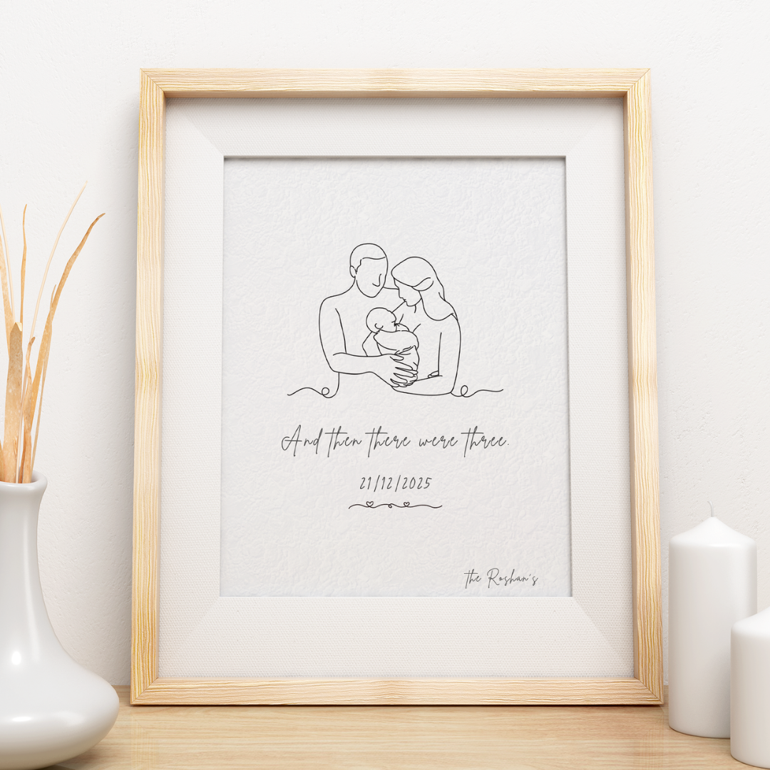Personalized "And Then There Were Three" Family Line Art Frame | Custom Newborn Portrait Decor custom Premium Wall Art Canvas by MeriDeewar