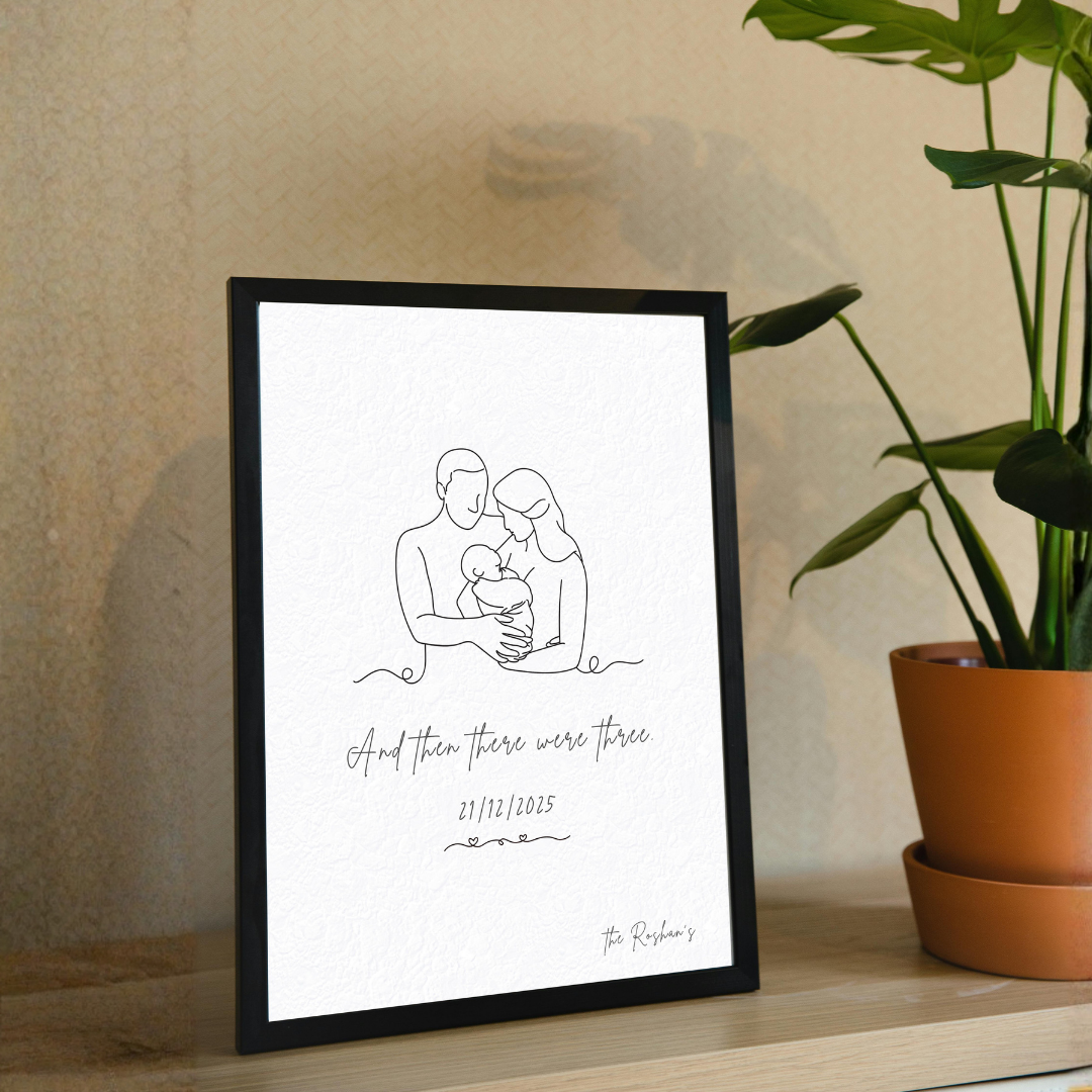 Personalized "And Then There Were Three" Family Line Art Frame | Custom Newborn Portrait Decor custom Premium Wall Art Canvas by MeriDeewar