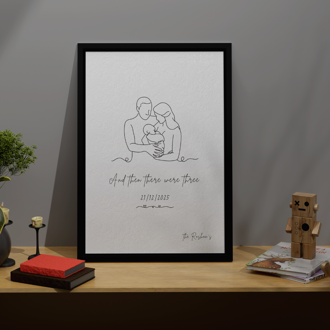 Personalized "And Then There Were Three" Family Line Art Frame | Custom Newborn Portrait Decor custom Premium Wall Art Canvas by MeriDeewar