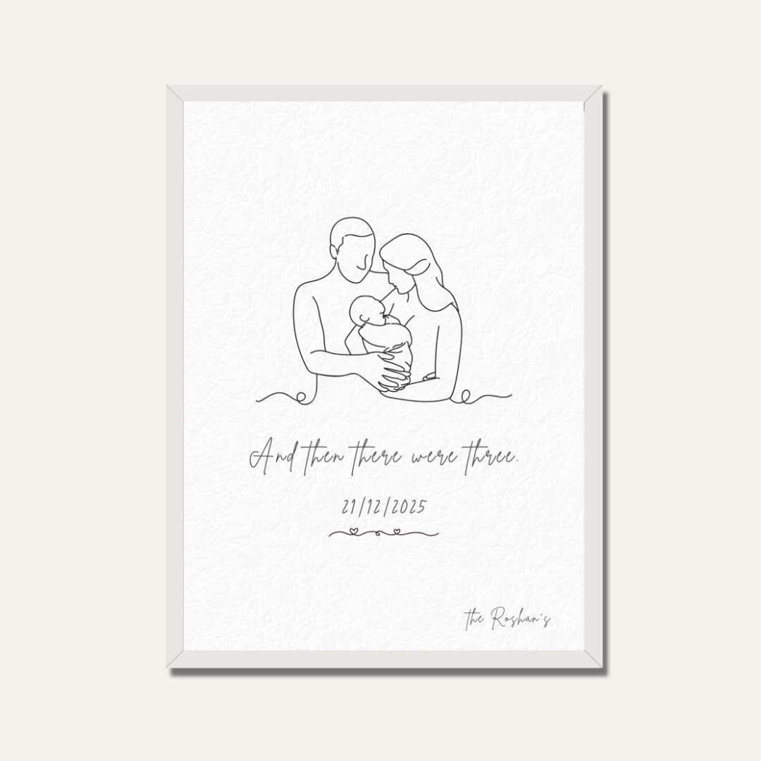 Personalized "And Then There Were Three" Family Line Art Frame | Custom Newborn Portrait Decor custom Premium Wall Art Canvas by MeriDeewar