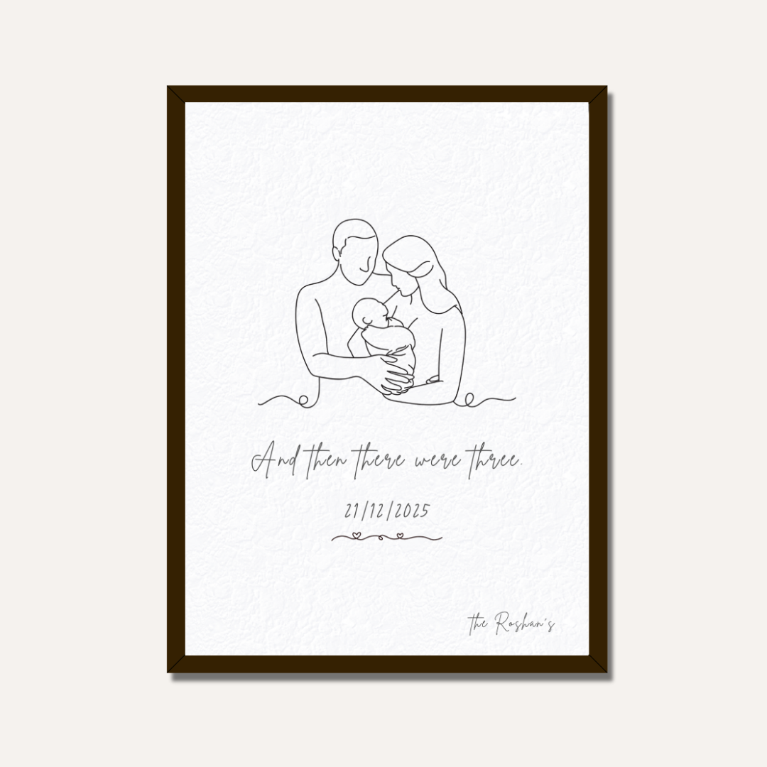 Personalized "And Then There Were Three" Family Line Art Frame | Custom Newborn Portrait Decor custom Premium Wall Art Canvas by MeriDeewar