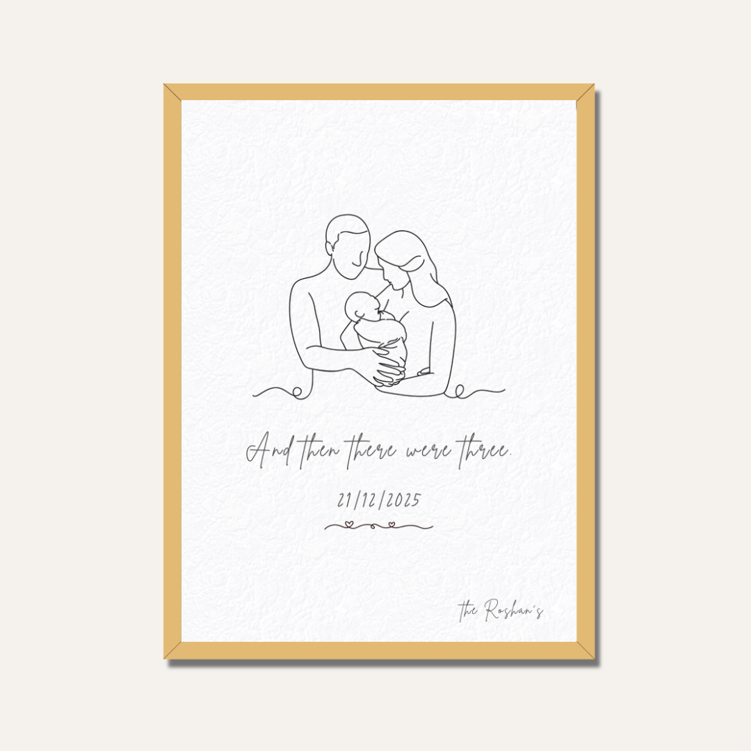 Personalized "And Then There Were Three" Family Line Art Frame | Custom Newborn Portrait Decor custom Premium Wall Art Canvas by MeriDeewar
