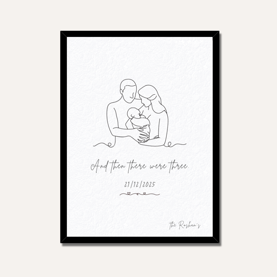 Personalized "And Then There Were Three" Family Line Art Frame | Custom Newborn Portrait Decor custom Premium Wall Art Canvas by MeriDeewar