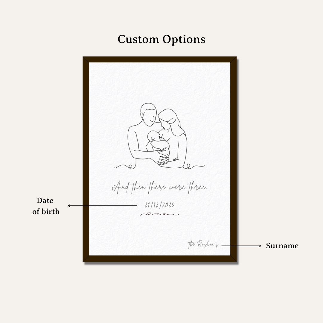 Personalized "And Then There Were Three" Family Line Art Frame | Custom Newborn Portrait Decor custom Premium Wall Art Canvas by MeriDeewar
