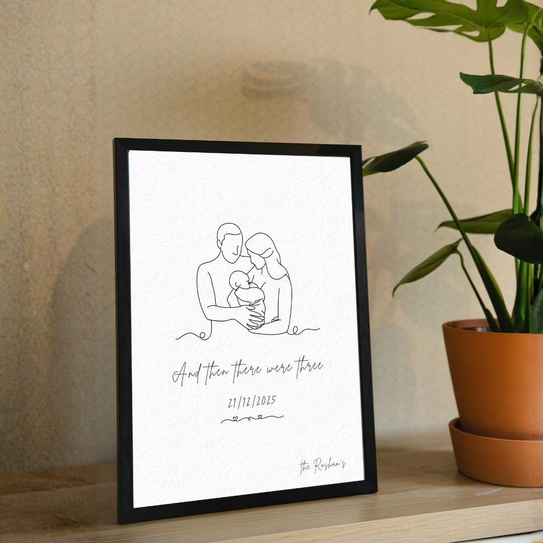 Personalized "And Then There Were Three" Family Line Art Frame | Custom Newborn Portrait Decor custom Premium Wall Art Canvas by MeriDeewar