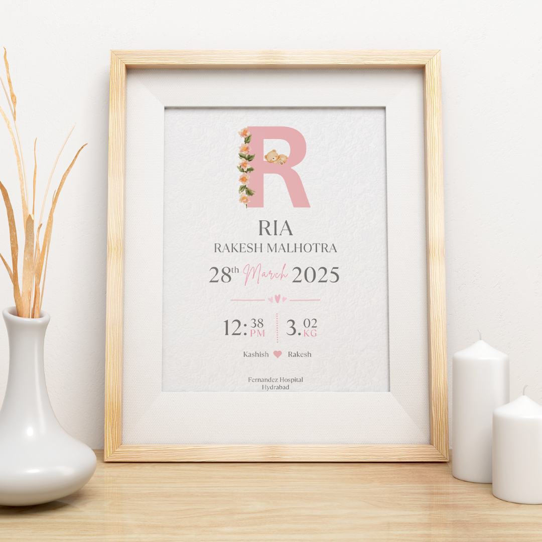Personalized Baby Birth Statistics Frame | Custom Floral Initial Nursery Art custom Premium Wall Art Canvas by MeriDeewar