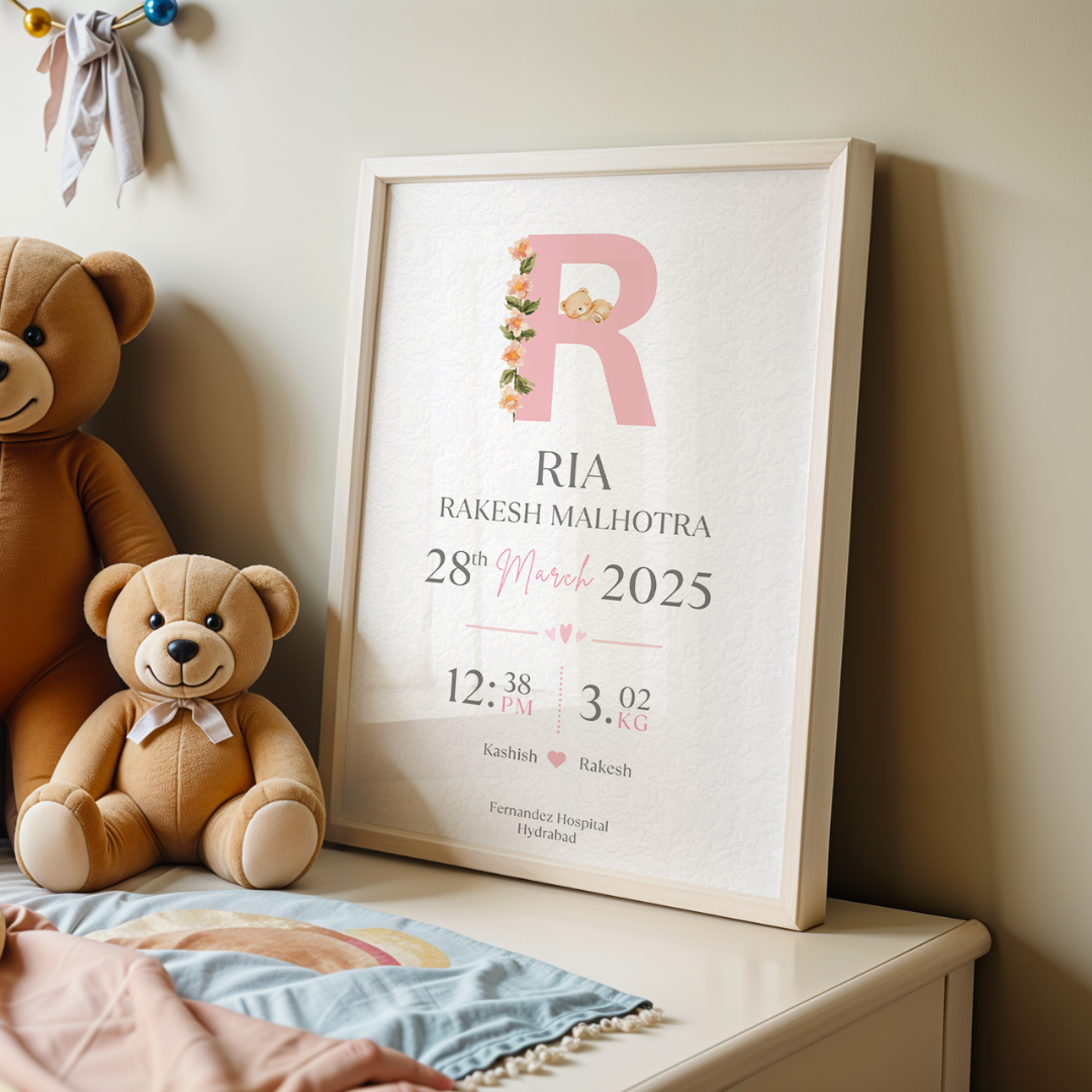 Personalized Baby Birth Statistics Frame | Custom Floral Initial Nursery Art custom Premium Wall Art Canvas by MeriDeewar