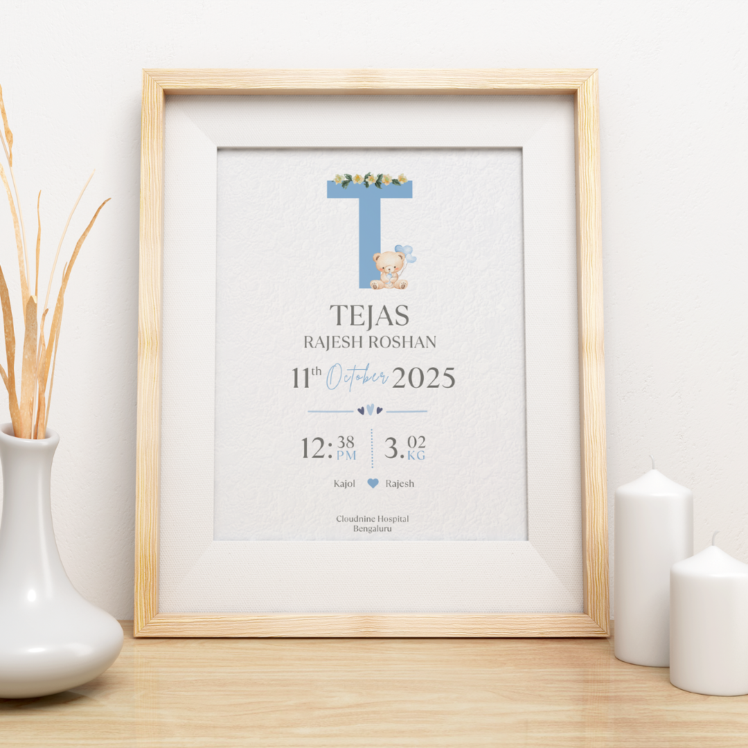 Personalized Baby Birth Statistics Frame | Custom Floral Initial Nursery Art custom Premium Wall Art Canvas by MeriDeewar