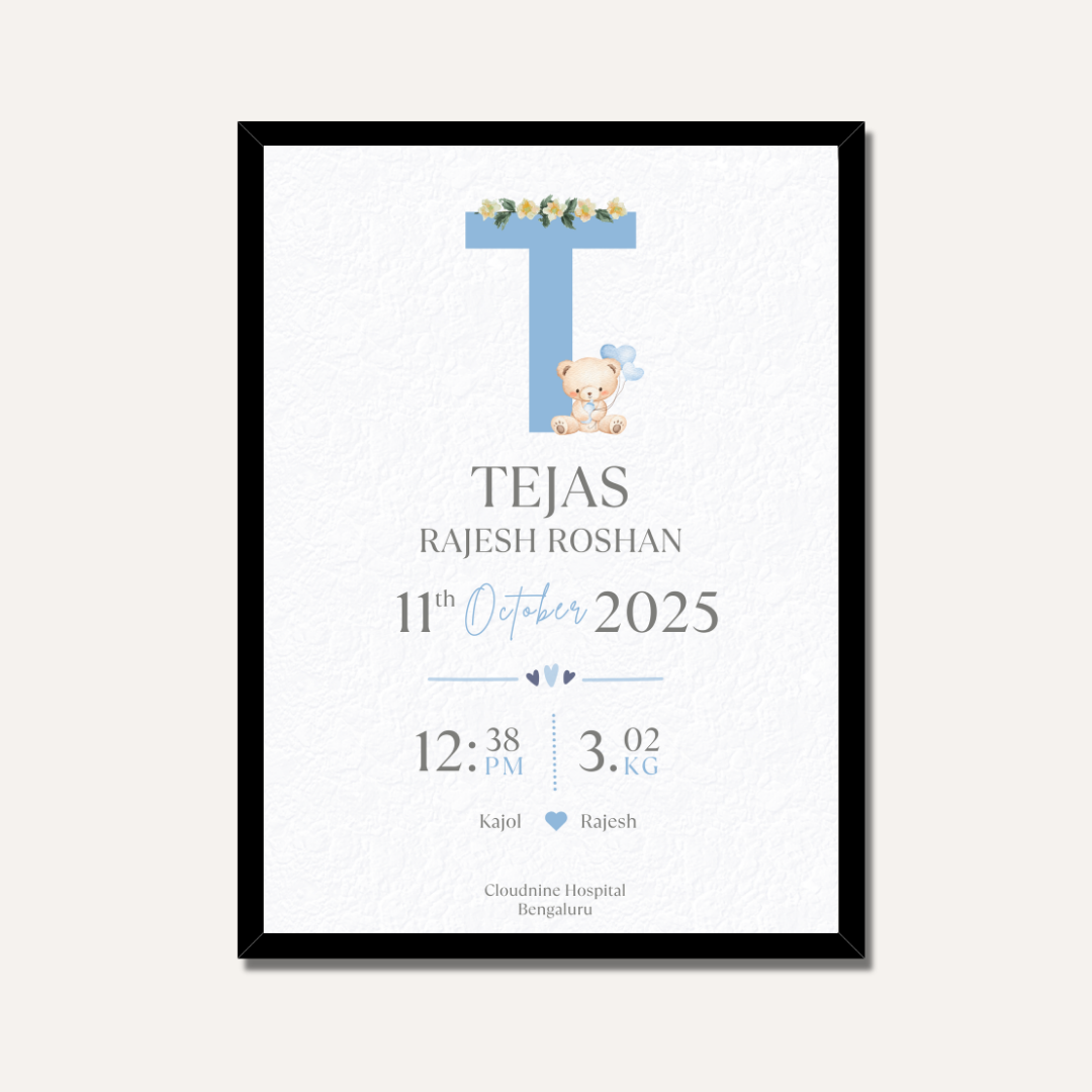 Personalized Baby Birth Statistics Frame | Custom Floral Initial Nursery Art custom Premium Wall Art Canvas by MeriDeewar