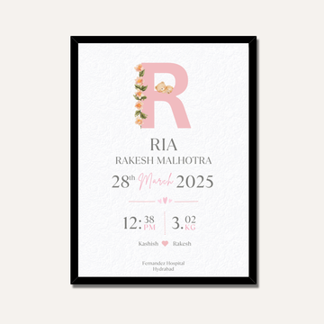 Personalized Baby Birth Statistics Frame | Custom Floral Initial Nursery Art custom Premium Wall Art Canvas by MeriDeewar