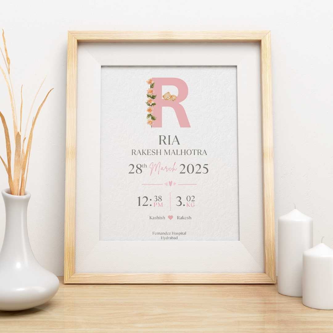 Personalized Baby Birth Statistics Frame | Custom Floral Initial Nursery Art custom Premium Wall Art Canvas by MeriDeewar