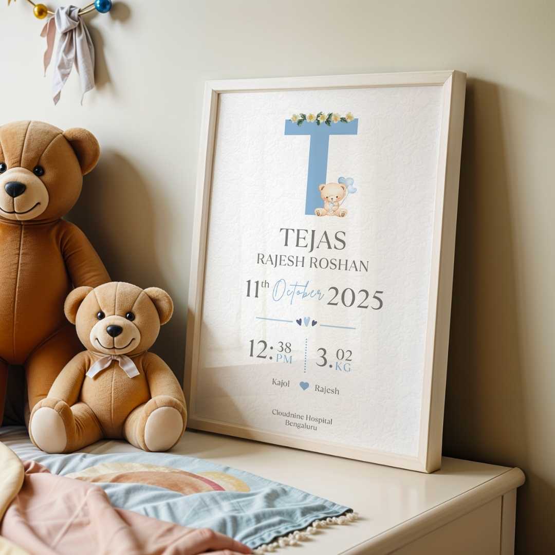 Personalized Baby Birth Statistics Frame | Custom Floral Initial Nursery Art custom Premium Wall Art Canvas by MeriDeewar
