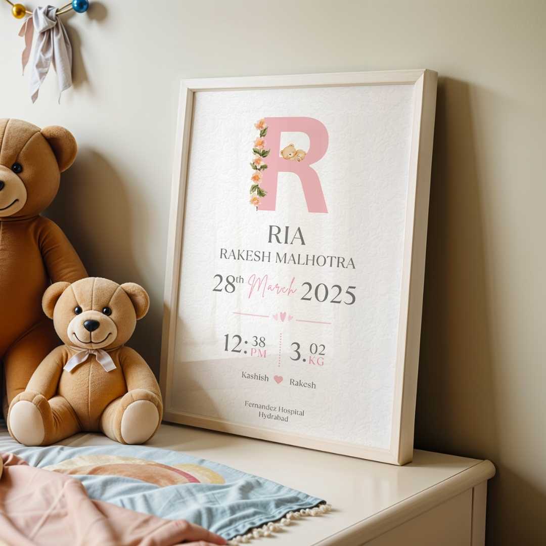 Personalized Baby Birth Statistics Frame | Custom Floral Initial Nursery Art custom Premium Wall Art Canvas by MeriDeewar