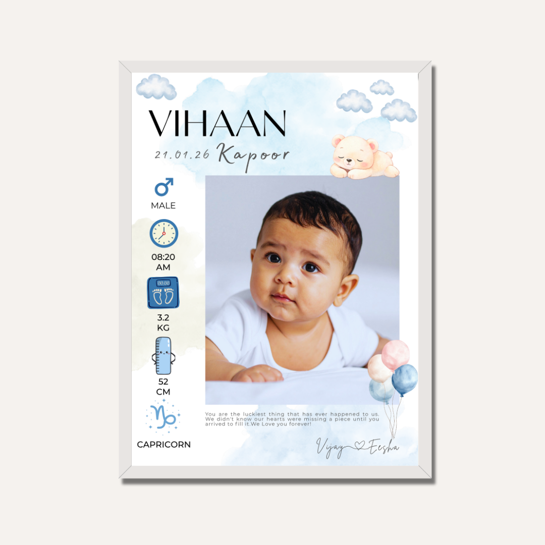 Personalized Baby Birth Statistics Photo Frame | Custom  Nursery Art custom Premium Wall Art Canvas by MeriDeewar